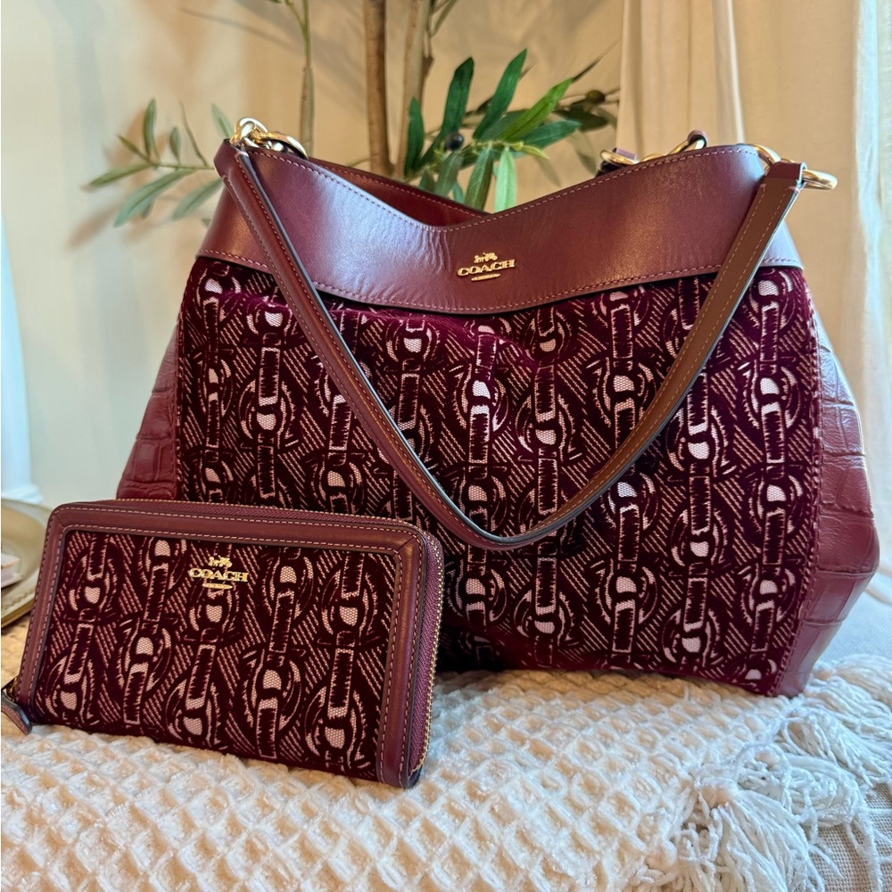 Coach Maroon and Patterned Shoulder Bag with Wallet